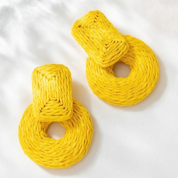 Chunky Marigold Yellow Rattan Earrings Wicker Door Knocker Bold Statement New - Picture 6 of 10